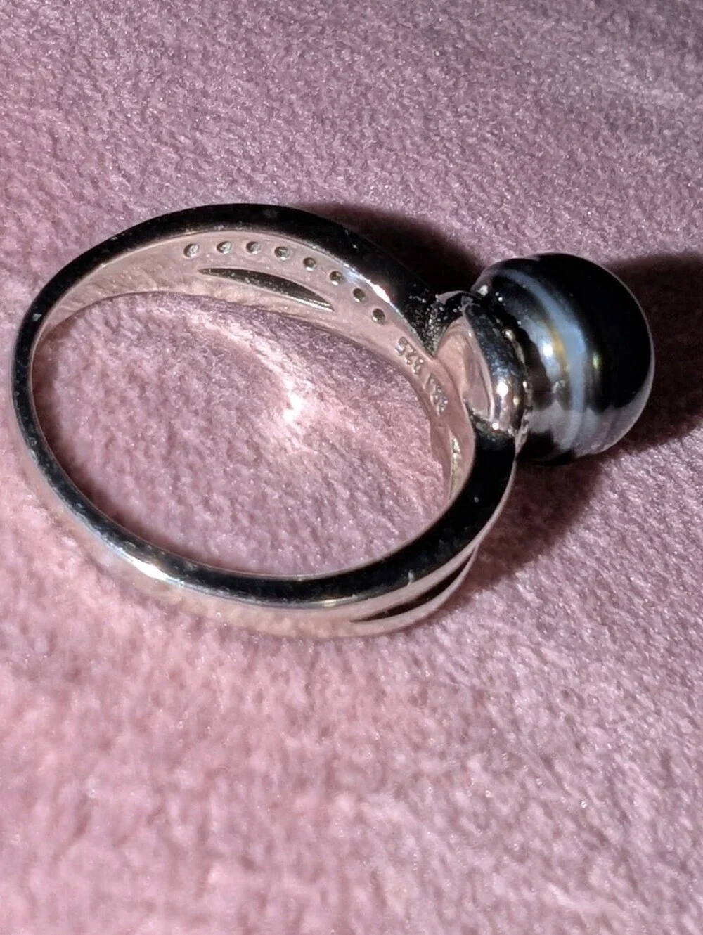 Cultured Black Tahitian Pearl W/ White Zircon Rhodium Over 925 Sterling Ring Sz8
